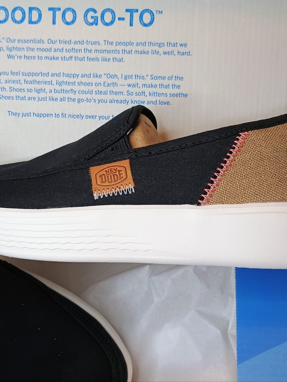 Women Hey Dude Black Tan Casual Slip-On Loafer Shoe Sunapee Craft Linen Low Top